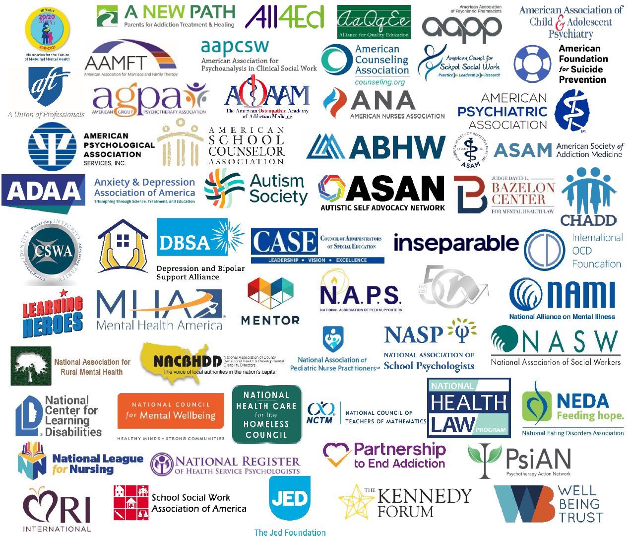 Logos of sixty organizations joining together in false and harmful attempts to link mental illness and gun violence