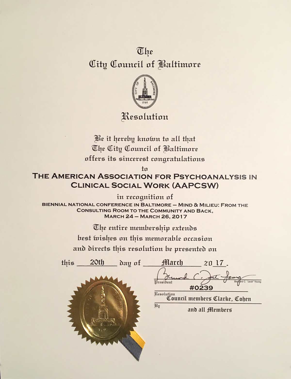 Photo of Baltimore City Council award to AAPCSW